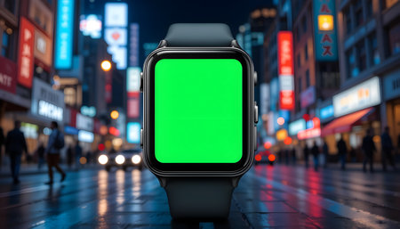 Smart watch with green screen on the street in the city. 3d renderingの素材