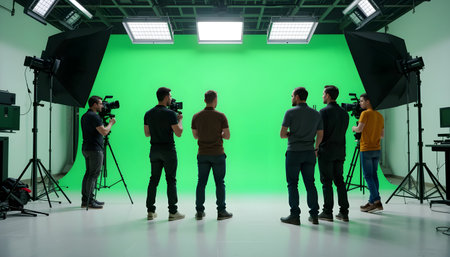 Behind the scenes of a video shooting in the studio. A team of professional photographers with professional equipment.の素材