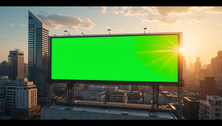 Blank green screen billboard on the roof with Bangkok cityscape background at sunset. Street advertising poster, mock up, 3D rendering. Front view. The concept of marketing communication to promote or sell idea.の素材