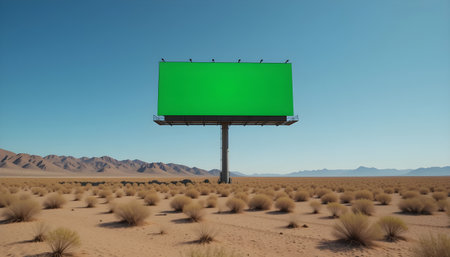Blank green billboard in the desert. 3d render illustration.の素材