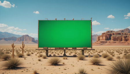 Blank green billboard in the desert. 3D Rendering.の素材