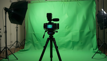Professional video camera on a tripod in the studio with green screen backgroundの素材