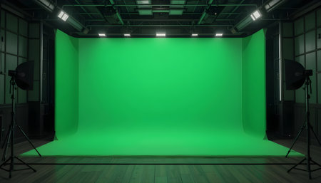 Interior of a modern studio with green wall and lighting equipment.の素材