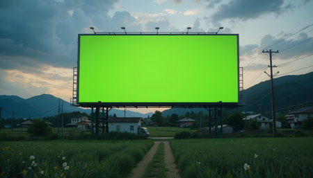 Blank billboard on the road in the countryside with green screen.の素材