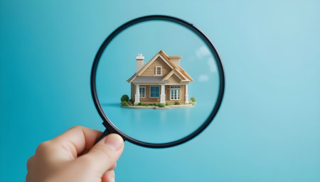 Magnifying glass with house model on blue background. Real estate conceptの素材
