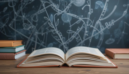 Open book on a wooden table in front of a blackboard with formulasの素材