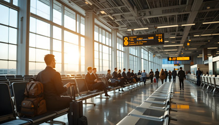 Airport terminal interior with passengers waiting for their flight. Travel conceptの素材