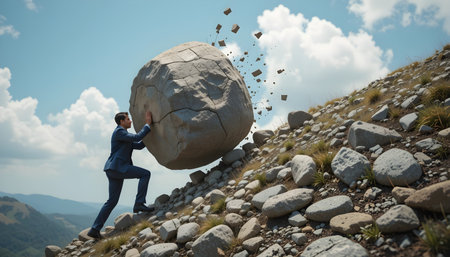 Businessman carrying huge stone on his back while climbing a mountain slopeの素材