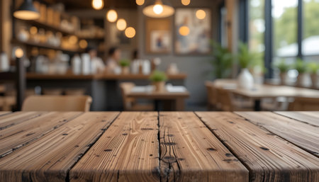 Empty wooden table and Coffee shop blur background with bokeh image.の素材