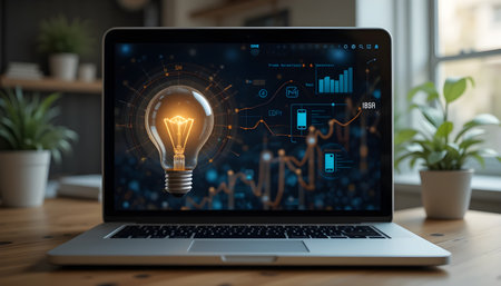 Laptop with glowing light bulb on screen. Business and innovation conceptの素材