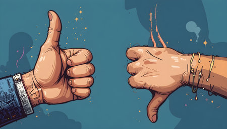 Vector illustration of two hands showing thumbs up, like and dislike.の素材