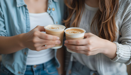 Close up of two young women holding cups of cappuccinoの素材