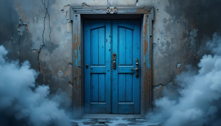 3D rendering of an old blue door in a foggy roomの素材