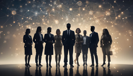 Group of business people standing in a row and looking at the networkの素材