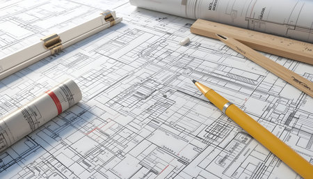 Architectural blueprints with pencils and rolls of blueprintsの素材