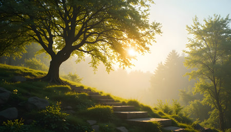 Sunrise in the misty morning at the park. Beautiful summer landscape.の素材