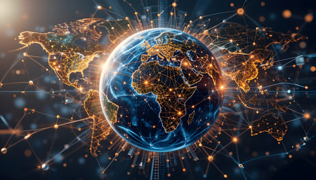 Global network connection and global data exchanges over the world 3D renderingの素材