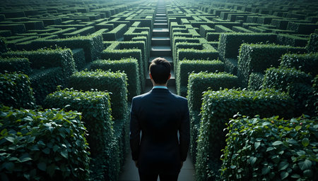 Businessman standing in front of the labyrinth and looking at the wayの素材