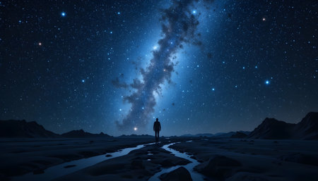 Man standing in the desert and looking at the Milky Way. 3d renderingの素材
