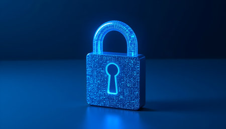 3d rendering of a glowing blue padlock on a dark backgroundの素材