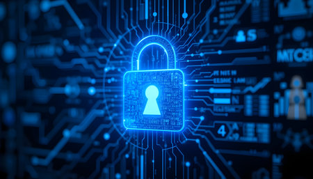 Cyber security concept. Padlock on circuit board. 3d renderingの素材