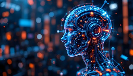 3D rendering of artificial intelligence concept in cyberspace with robot headの素材