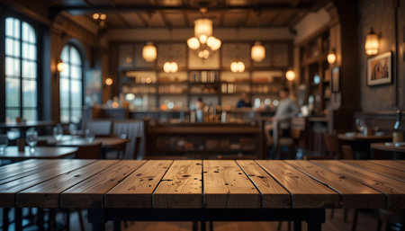 Empty wooden table and Coffee shop blur background with bokeh image.の素材