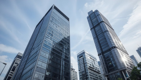low angle view of modern skyscrapers in hongkongの素材