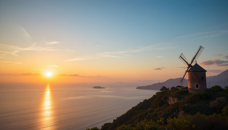 Beautiful sunset over the sea and a windmill on the hillの素材