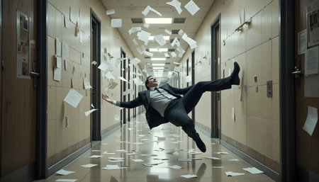 Businessman flying in the air in office corridor with papers flying aroundの素材