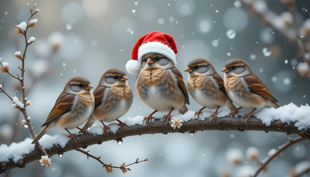 Group of Sparrows in Santa Claus hat sitting on a branch in the snowの素材