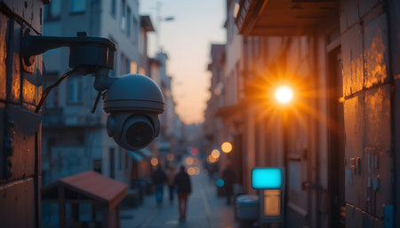 CCTV security camera on the street of the city at sunset.の素材