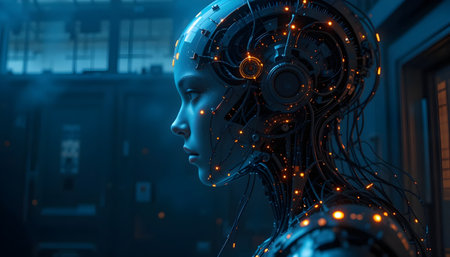 3D rendering of a female robot in a dark room with lights on topの素材