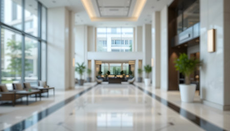 Abstract blur hotel lobby interior with bokeh light effect for backgroundの素材