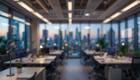 Blurred image of modern office interior with city view and bokehの素材
