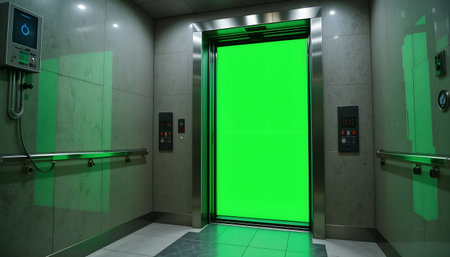 Green screen in elevator interior. 3D rendering. Mock up.の素材