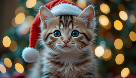 Cute kitten in Santa Claus hat on background of Christmas tree.の素材