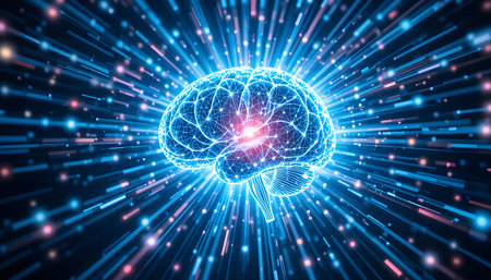 Abstract glowing human brain on blue background. Artificial intelligence concept. 3D Renderingの素材