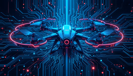 Drone quadcopter with digital camera flying over circuit board. 3d renderingの素材