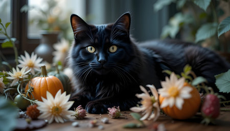 Black cat on the background of a bouquet of flowers and pumpkinsの素材