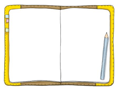 vintage notebook and blue pencil art painting cute illustrationの写真素材