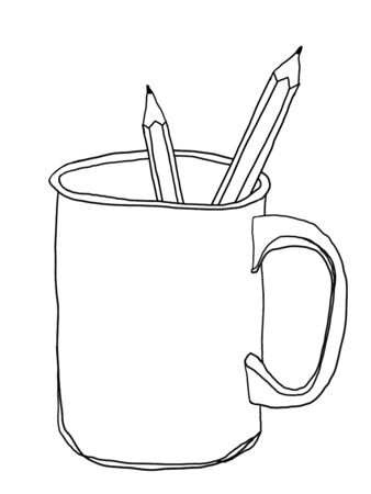 cup stoneware mug and pencil cute line art illustrationの写真素材