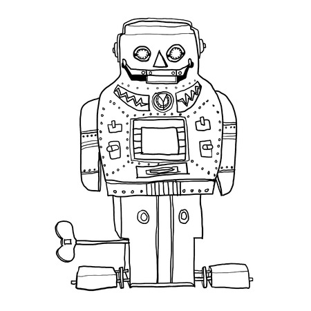 vintage robot toy SPARKY ROBOT hand drawn line art cute illusrationの写真素材