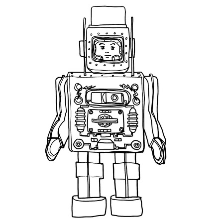 vector Vintage Tin & Plastic  Toy Robot hand drawn cute line art illustrationの写真素材