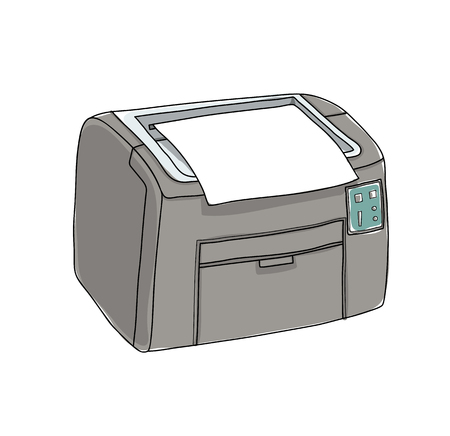 Printer and paper isolated on white background hand drawn illustrationのイラスト素材