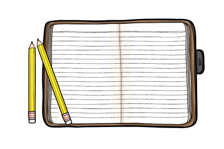 vector notebook and Yellow Pencil hand drawn line art illustrationのイラスト素材