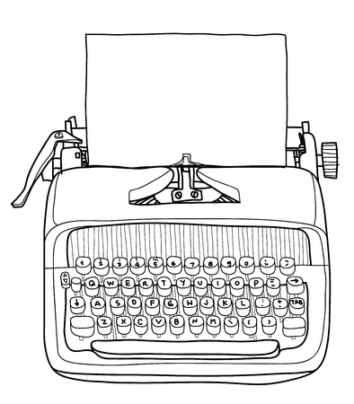 vector typewriter working portable with paper hand drawn line art cute illustrationのイラスト素材