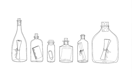Message in a Bottle hand drawn vector set line art illustrationのイラスト素材