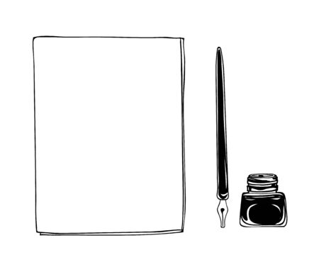 Notebook dip tip pen vintage and ink bottle  vector hand drawn line art illustrationのイラスト素材