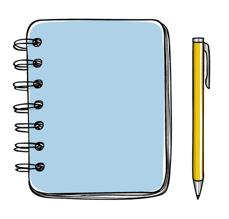 blue notebook and pen vector hand drawn  art illustrationのイラスト素材